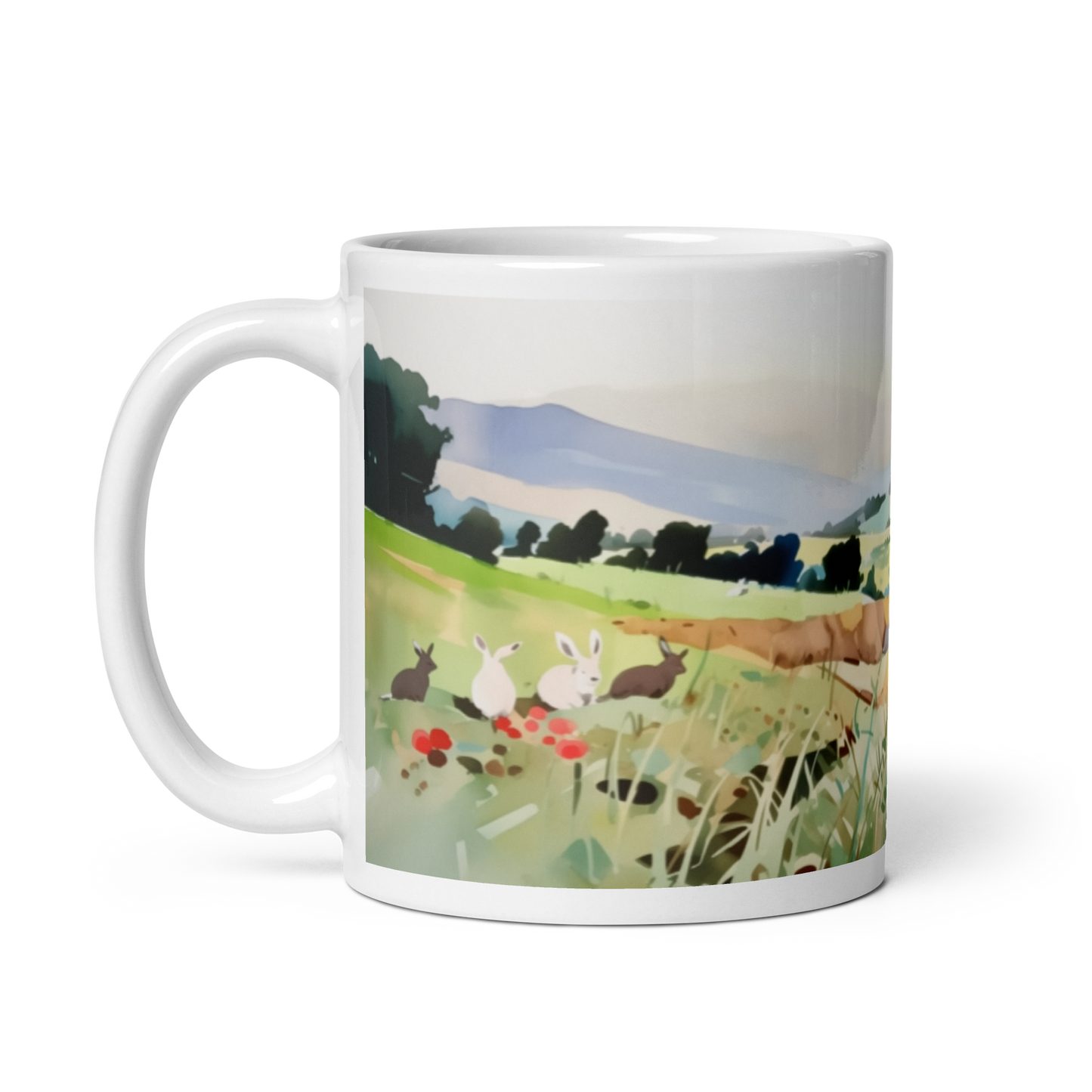 Rabbits In a Field Watercolour Mug